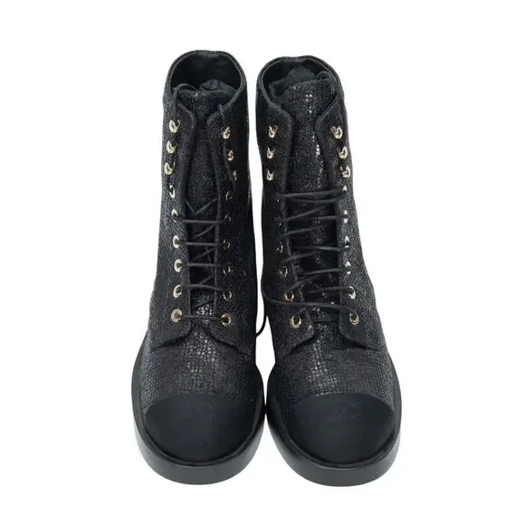 CHANEL Black Fabric Grosgrain CC Cap Toe Combat Boots Size 38.5 US 8.5